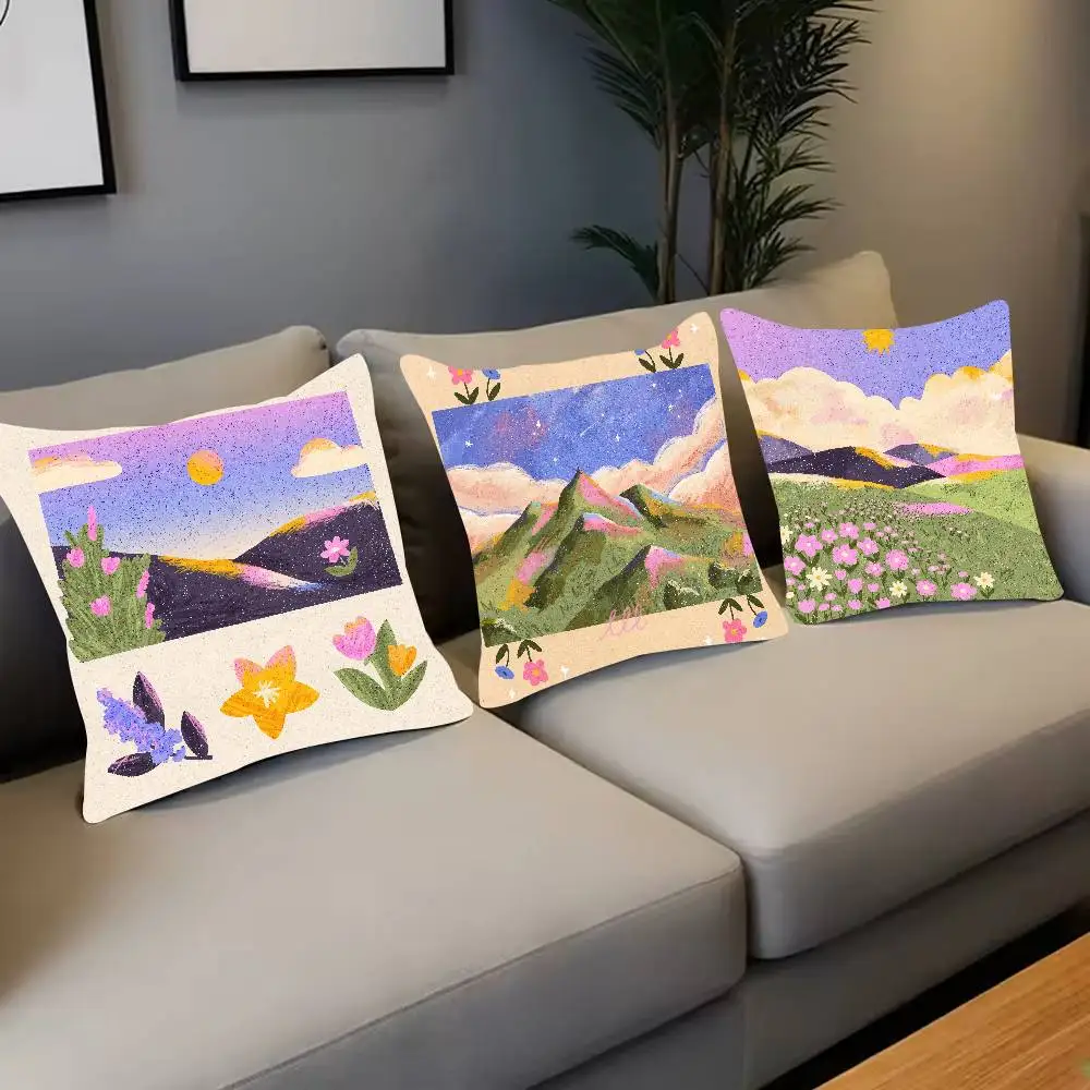 Hand Drawn Nature Landscape Pillow Cover Colorful Mountain Sun Moon Volcano Wildflower Scenery Print Cushion Case for Sofa Decor