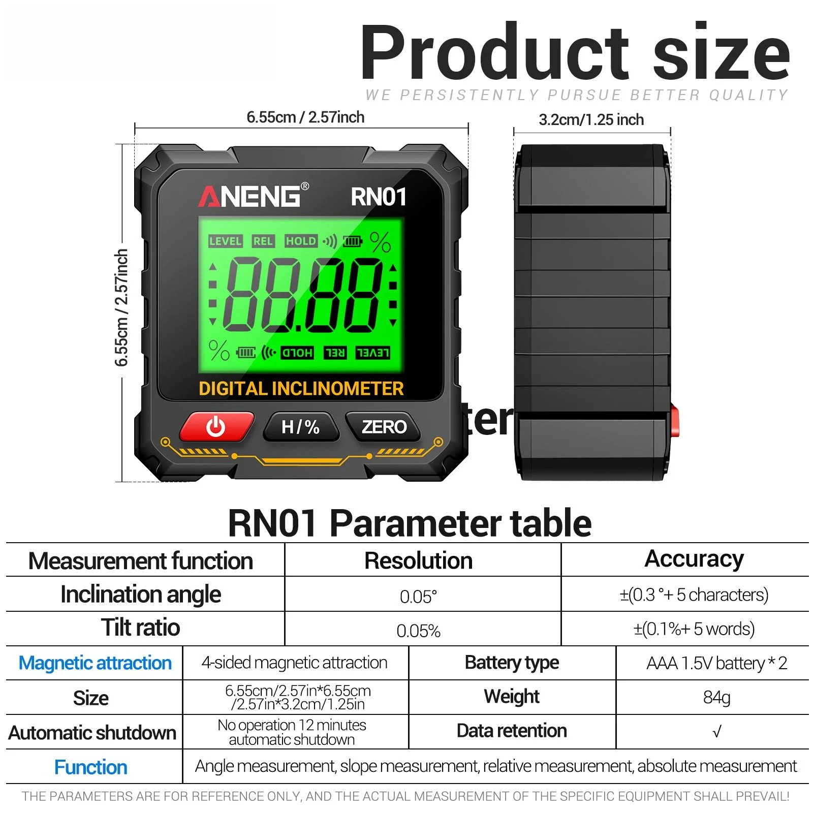 ANENG RN01 Goniometro digitale Scatola di livello elettronico Righello angolare elettronico Retroilluminazione Goniometro Strumenti inclinometro per la lavorazione del legno