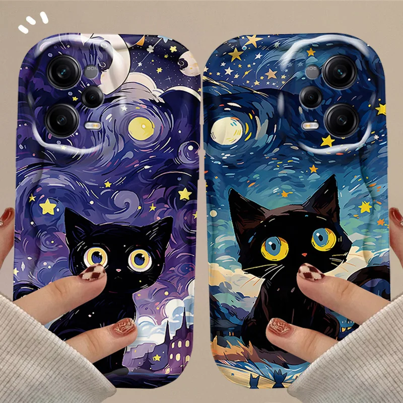 Starry Sky Cat Painting Wave Case For Xiaomi Redmi Note 13 12 11 Pro Plus 4G 5G 12S 11S 10 10S 9 9S 8 13C 12C 10C Turbo 3 Cover