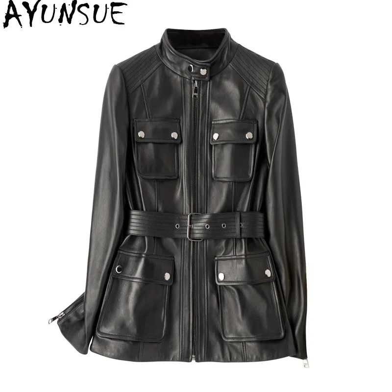 AYUNSUE Genuine Sheepskin Leather Jacket Women Autumn New in Coats & Jackets Black Coat Biker Jacket Womens Casaco De Couro 2024