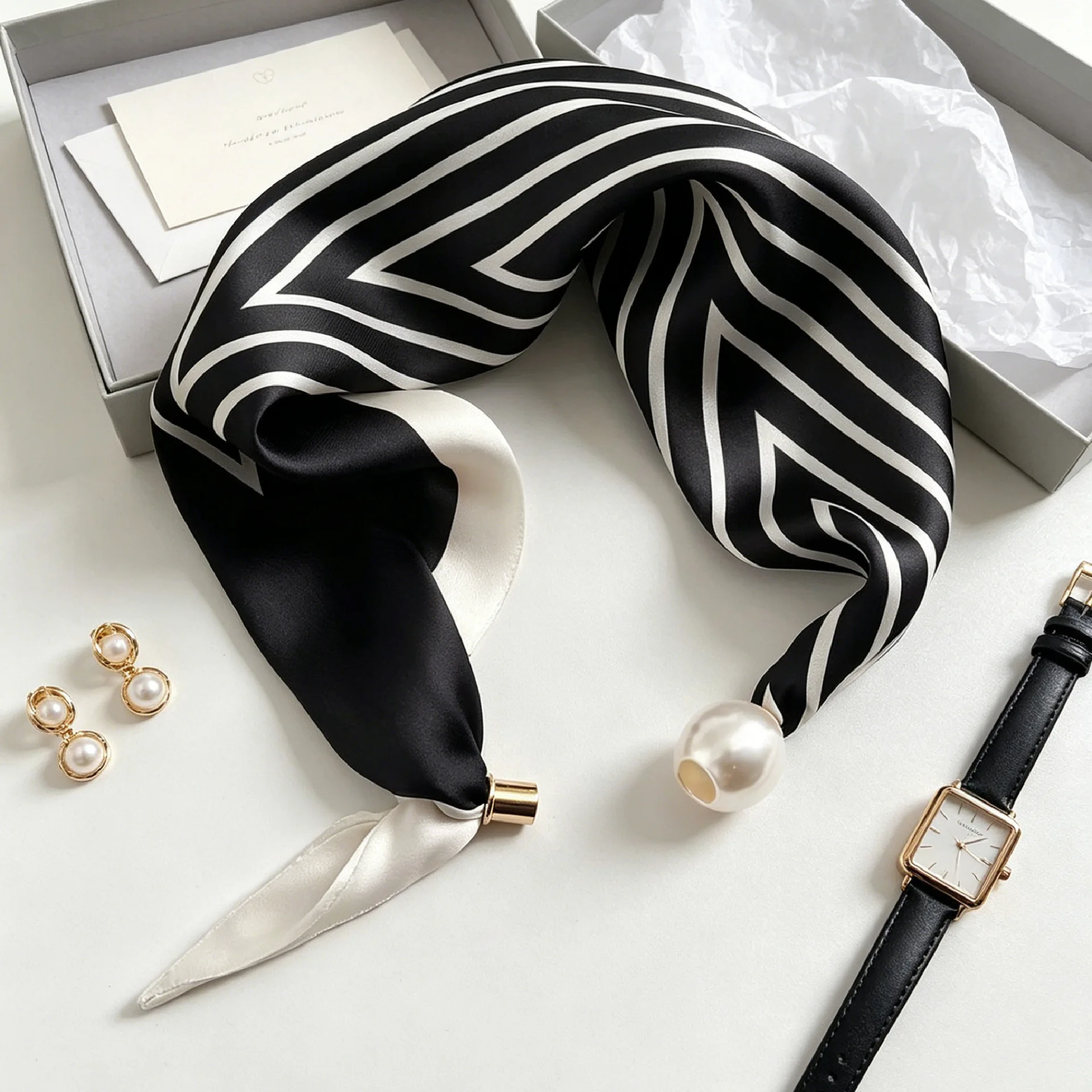 Luxuriöser dünner Sommer-Seidenschal für Damen mit Perlen, magnetischer Schnalle, eleganter Halstuch für Mädchen mit süßem Anhänger und Schlüsselbeinkette – Detail 21