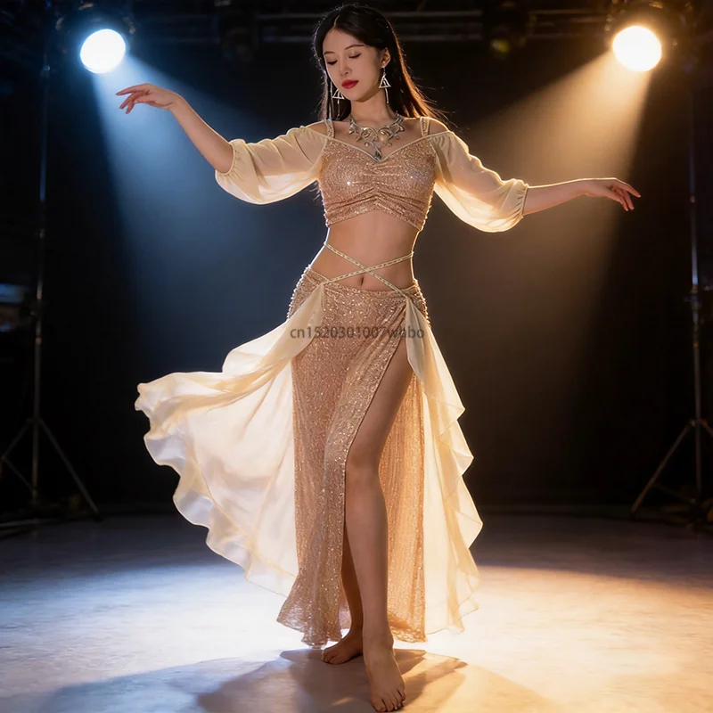 Damen Bauchtanz-Übungsoutfit Glänzender Langer Rock Weibliche Gruppentanzkleidung Orientalisches Tanz-Top Rock Funkelnde Pailletten-Kostüme