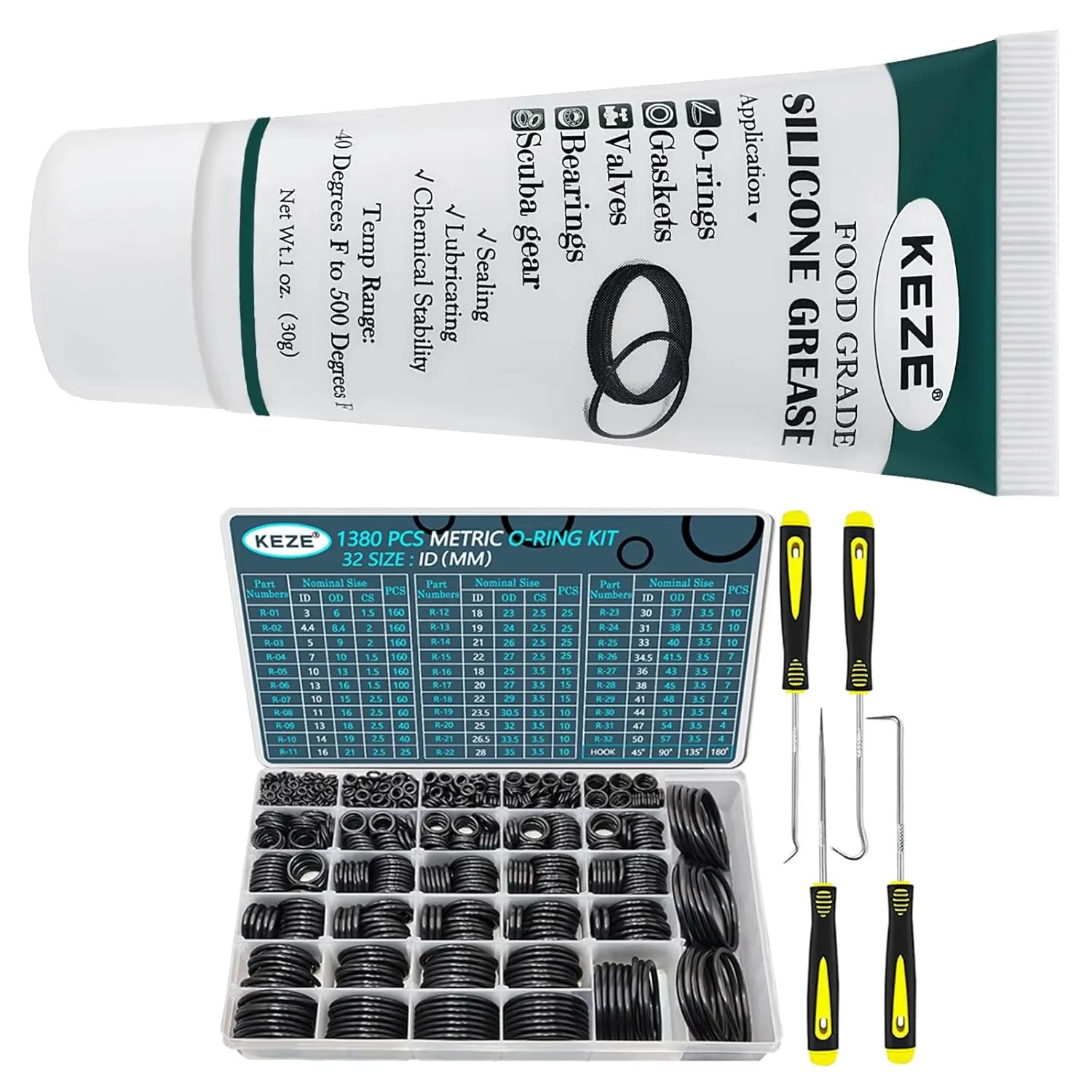 طقم حلقات دائرية متري 32 مقاس 1380 قطعة مع أدوات إزالة وشحوم السيليكون