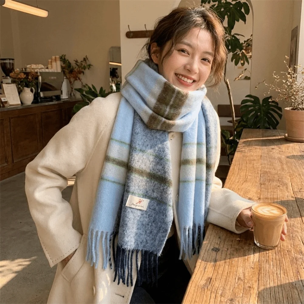 Luxury Soft Faux Cashmere Scarf Classic Tassels Thickened Blanket Scarf Color-Block Plaid Design Wrap Scarf Ladies