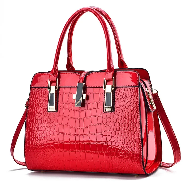 Fashionable Shiny Leather Women's Handbag Autumn/Winter New High Capacity Crocodile Pattern One Shoulder Crossbody Bag