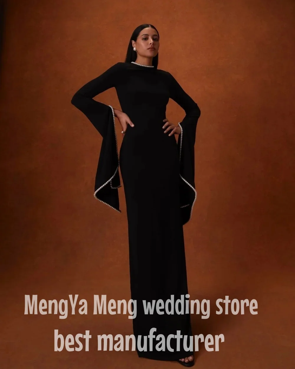 

ZHUISHU Modest Wedding Guest Dress Black O Neck A Line Elegant Formal Party Gowns for Women Pearls Long Sleeves Evening Dresses