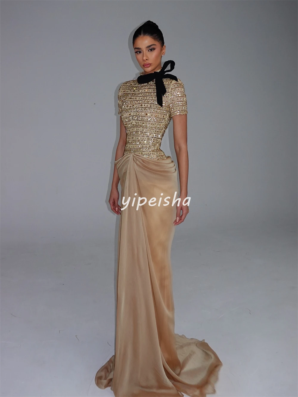 Customized High Quality Women Rhinestone Bow Sheath Evening Dresses Fashion High Collar Short Sleeves Floor Lenght Prom Dresses image 2