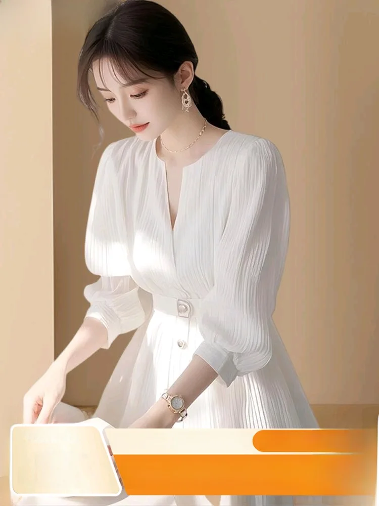 Ele Camicetta da donna irt primavera estate in chiffon a maniche lunghe che impinge la vita da pendolarismo Sle Slim Fit rotonda Ne lunghezza midi