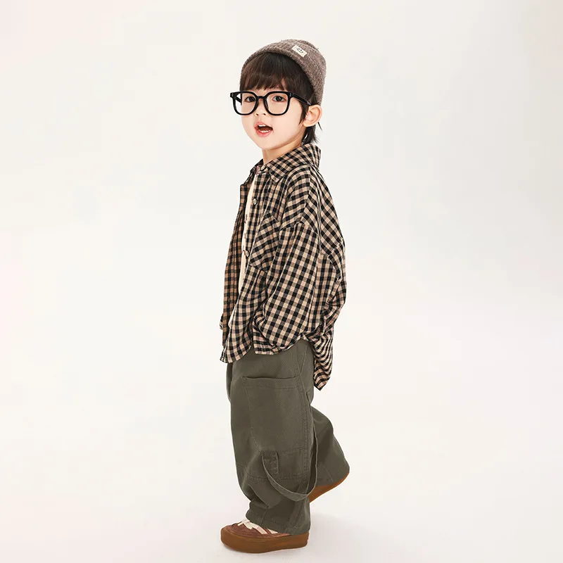 Korean style Boys fashion plaid long sleeve shirts 2024 Spring Fall children turn-down collar cotton shirt casual Tops