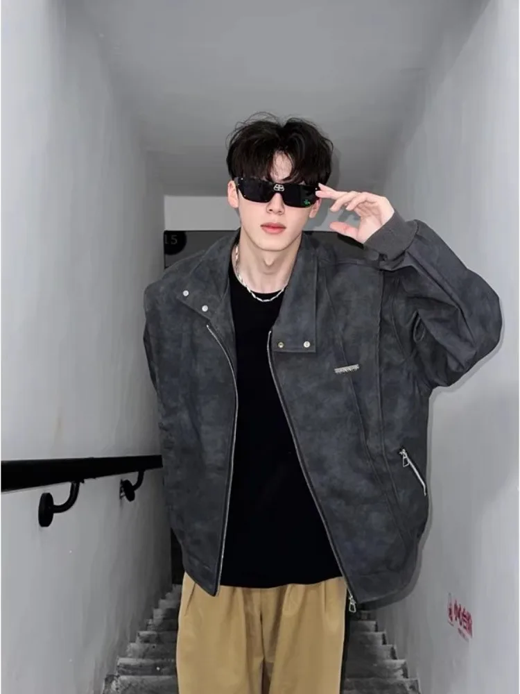 

Кожаное джето с воротником-стойкой, мужская осенняя модная мотоциклетная одежда, модная брендовая винтажная бейсбольная куртка для пары