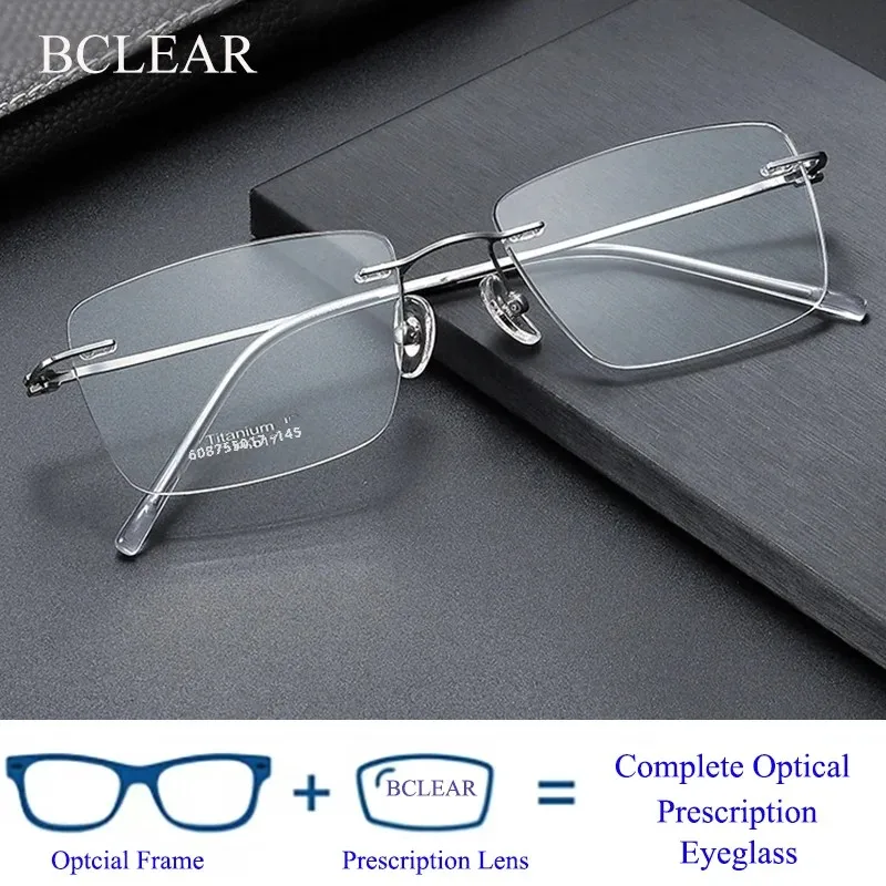 

BCLEAR Classic Pure Titanium Rimless Myopia Reading Glasses Unisex Fashion Frameless Custom Optical Eyewear Prescription Ready