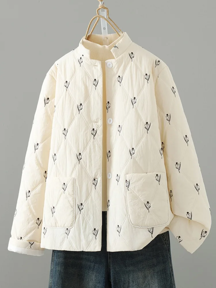 Young Women's Artistic Embroidered Cotton Jacket Loose Fit Warm Lightweight Winter Coat Polyester Fiber Casual Style