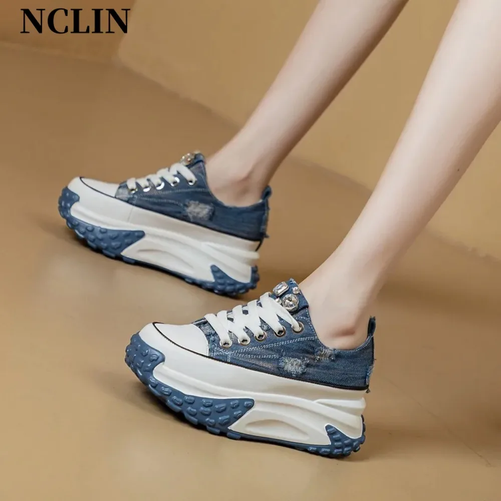 NCLIN Hot Sale Women Sneakers Genuine Leather 2024 Fashion Women Cross Tied Flats Shoes Autumn Platform Working Shoes Woman