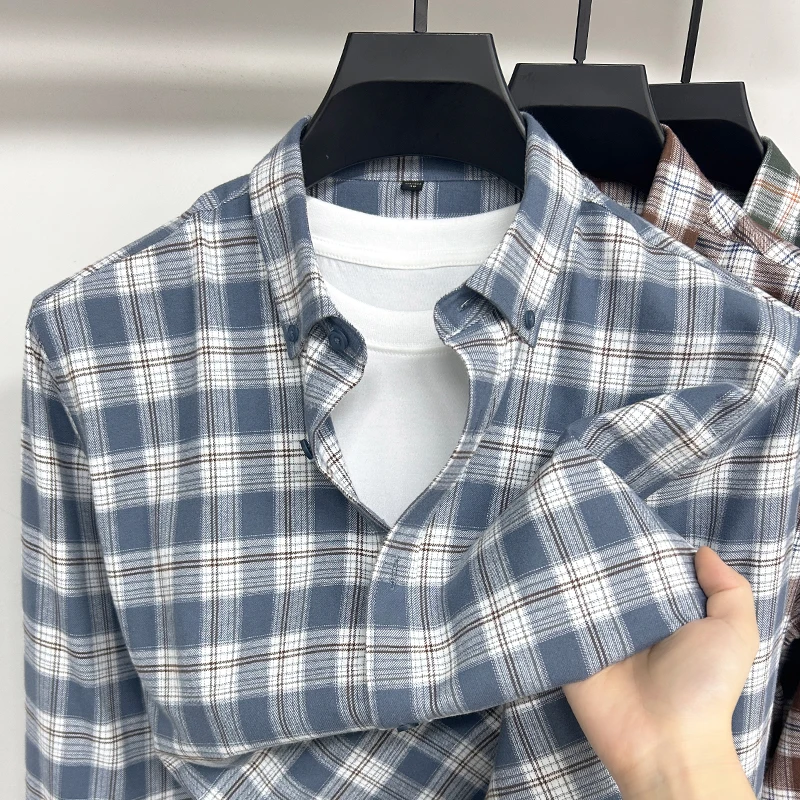Spring and Autumn Counter Casual Brushed High-end Checkered Shirt Men's Pure Cotton Shirt Fashionable Temperament