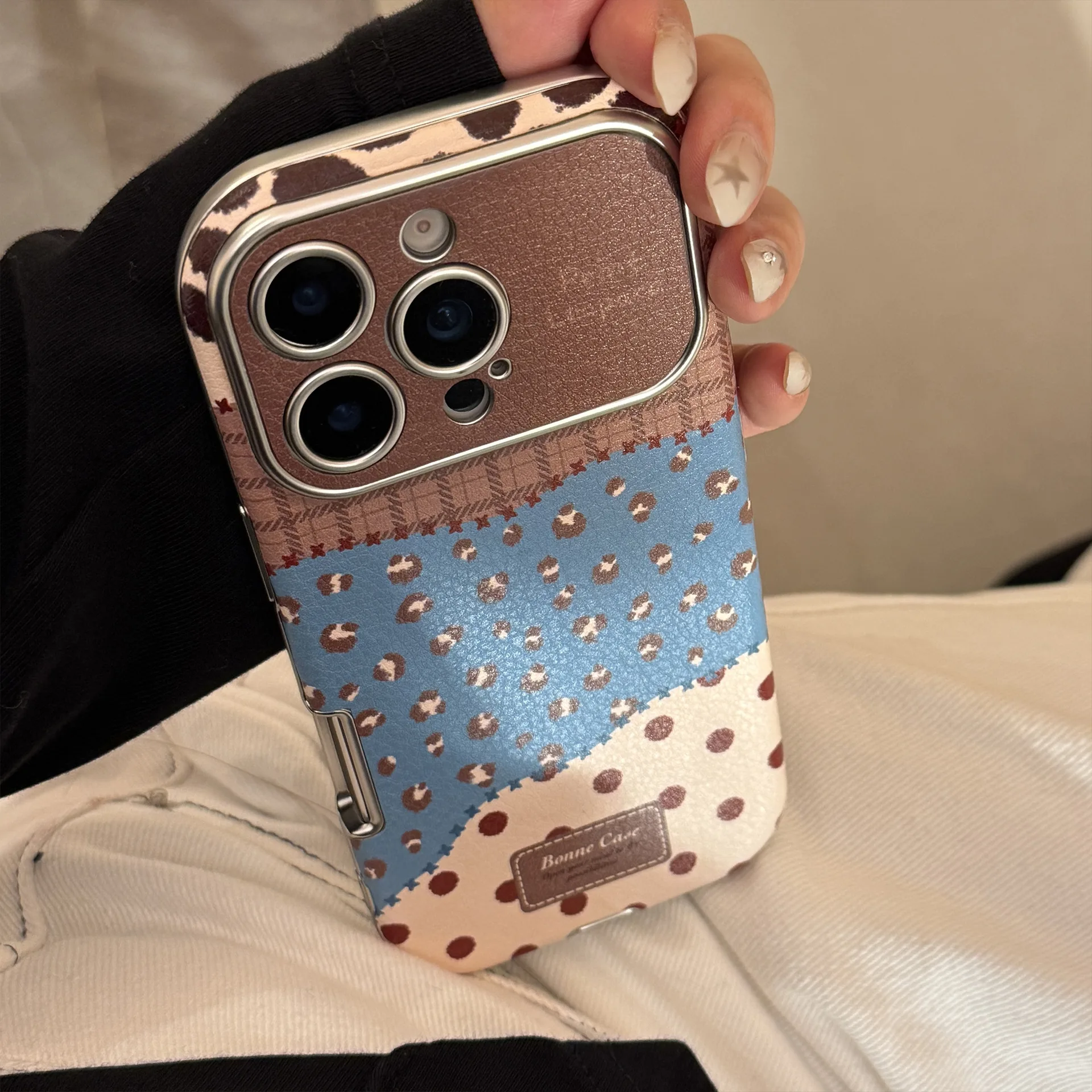 Korean Leopard Print Splicing Faux Leather Phone Case for iPhone 17 16 15 14 13 12 11 Pro Max Plus Shockproof Protective Cover view 3