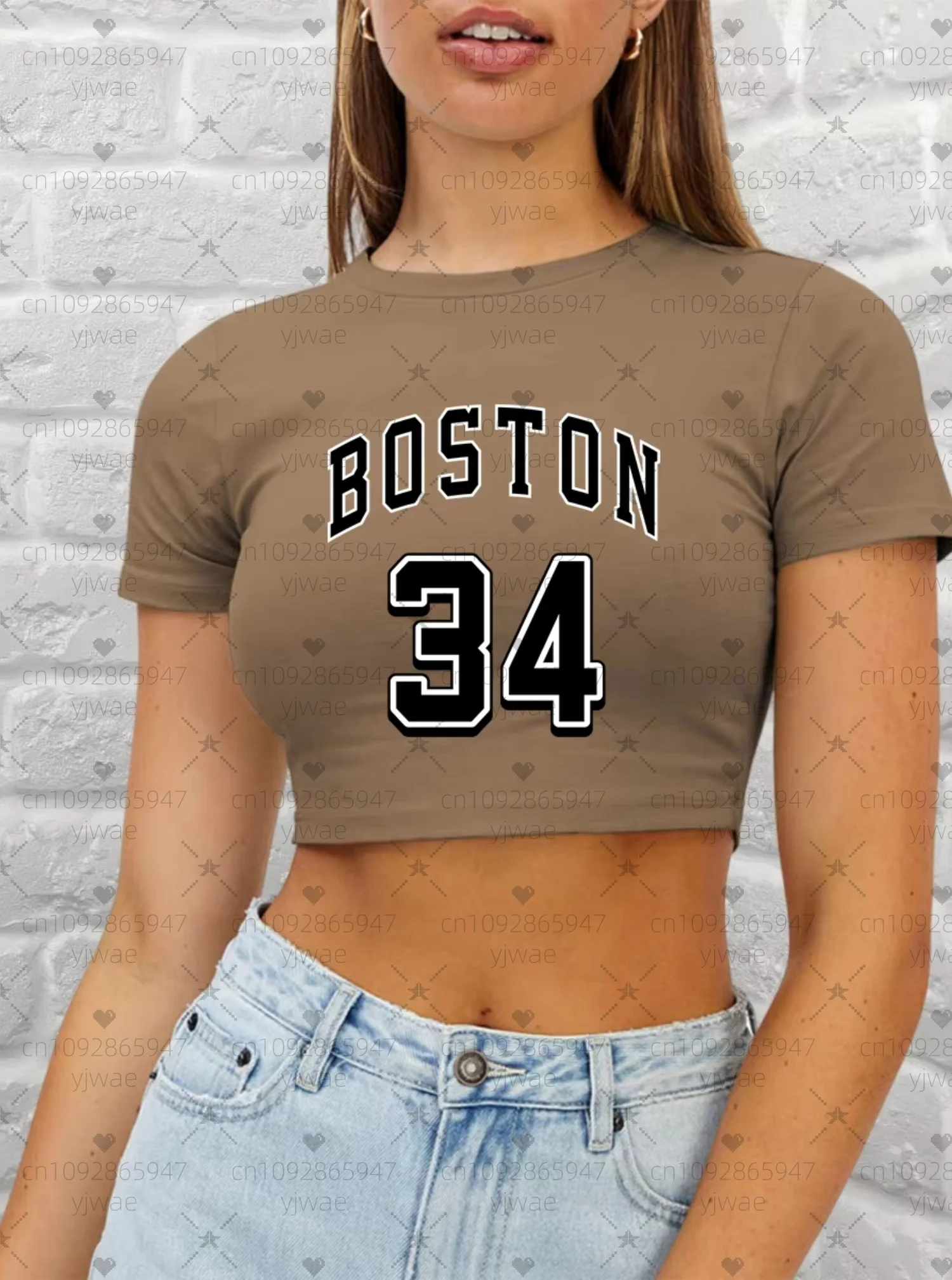 2025年夏新作 レディース ボストン NO.34 プリント カジュアル クロップド ショート丈 Tシャツ グラフィックTシャツ ラウンドネック カジュアル ショート丈トップス