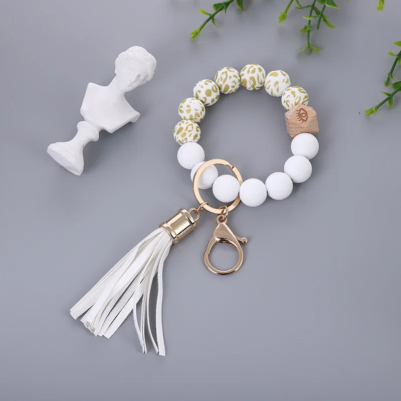 Colored Silicone Bead Bracelet PU Tassel Keychain Wristlet Bracelet Pendant Keychain Woman Man Jewelry Accessories Gifts