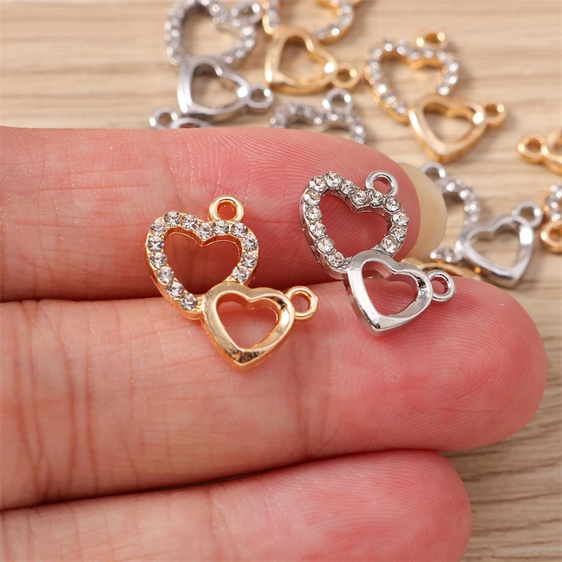 10 Stück 16x15mm Niedliche Kristall-Legierung Doppelherz-Anhänger für Schmuckherstellung, Ohrringe, Halsketten, DIY-Bastelzubehör – Detail 3
