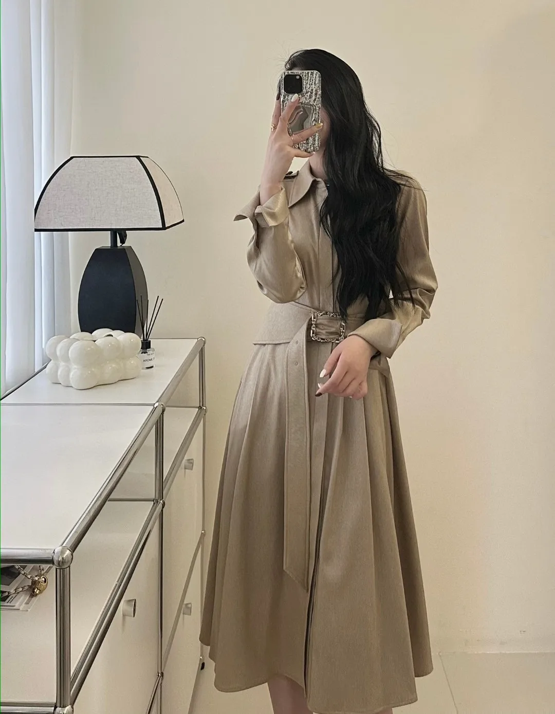 

2024 Summer and Autumn New Women's Clothing Classic waist cinched long sleeved trench coat style dress 0808