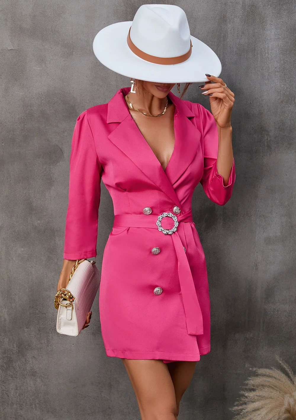 

Spring Autumn Women's New Solid Color Suit Collar Sexy Slimming V-neck Stylish Double Row Button Long Sleeve Coat