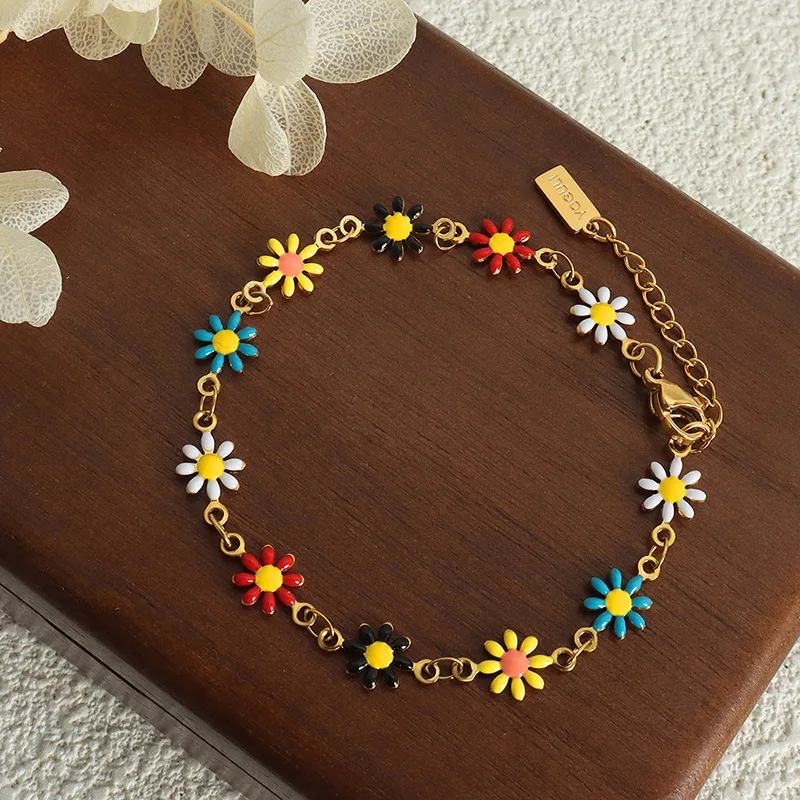 New Stainless Steel Necklace Bracelet For Women Bohemia Colorful Daisy Flower Enamel Women Jewelry Sets Party Gifts