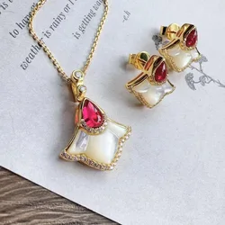 Creative Light Luxury White Fritillaria Maple Leaf Ruby Necklace earrings Pendant High quality Fashion Retro jewelry sets