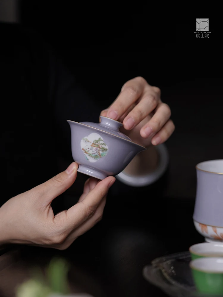 

Fuan Tang Hand-Painted Blue-Cloth Cover Bowl for Tea Brewing Cerc Gongfu Tea Bowl Small Size Two-Piece Set