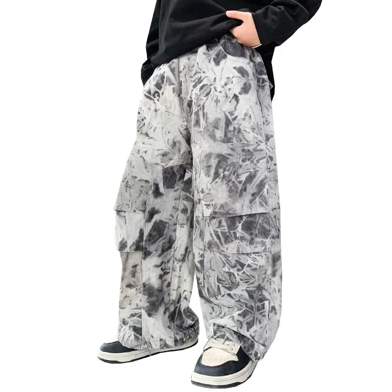 Korean Teen Boys Tie-Dye Pants Sweatpants Spring Autumn Kids Sport Trousers Gray Camouflage Tactical Pants For Teenage Child