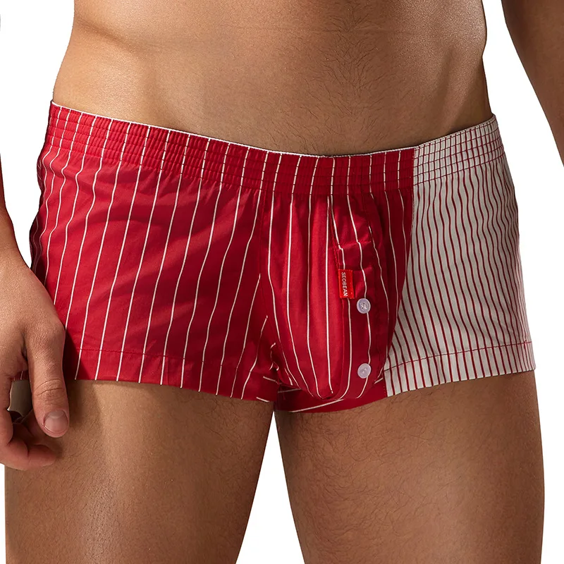 

Men Trunks Stripe Color Blocked Boxers Homewear Sexy Pouch Bulge Button Shorts Pajama Breathable Casual Aro Panties Underwear
