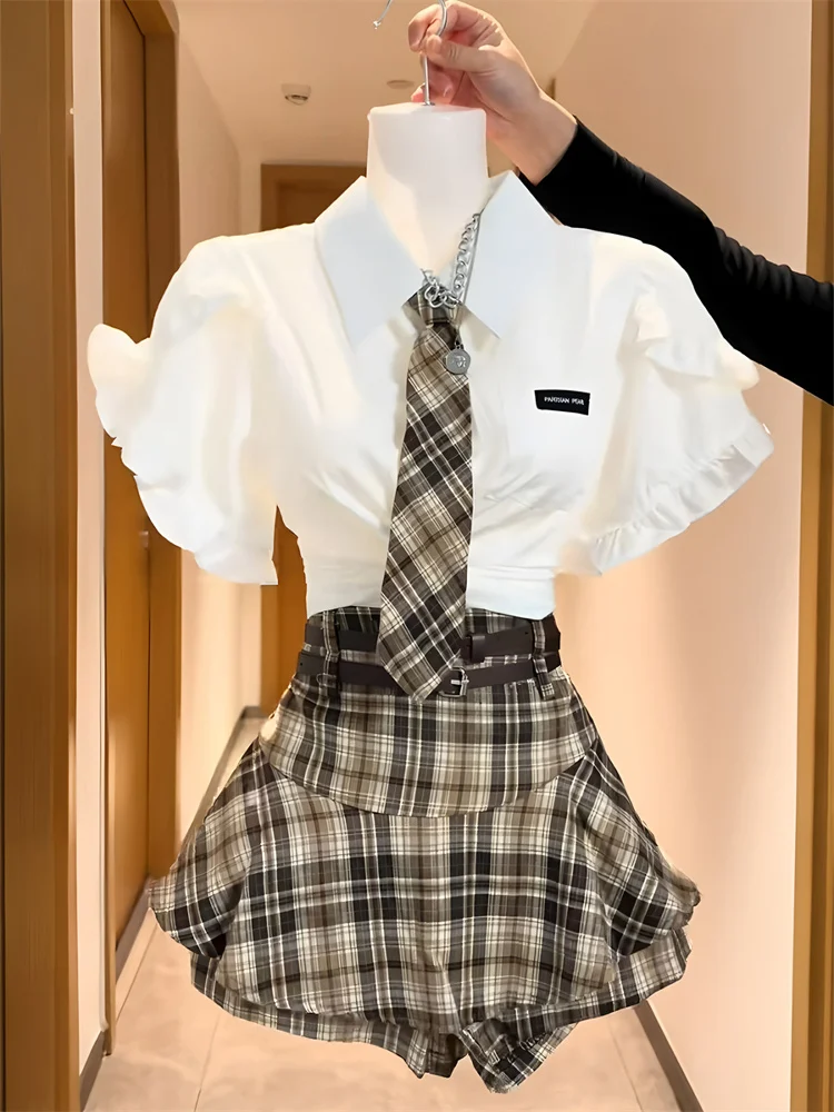 

Summer Fashion College Style Short Sleeve Shirt And Plaid Skirt Set Women's White Checkered Half-length Skirt Outfit