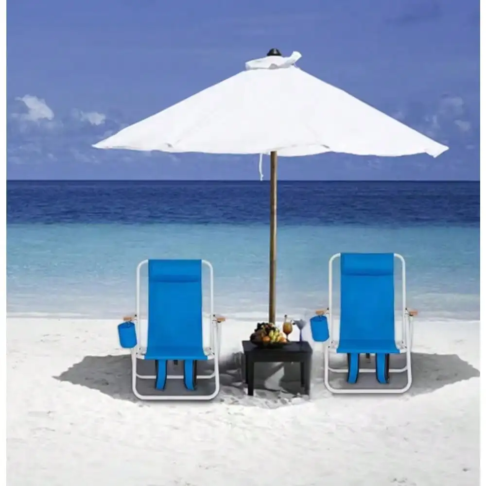 

Portable Blue Iron Folding Adjustable Headrest Beach Chair Perfect for camping, fishing, and more