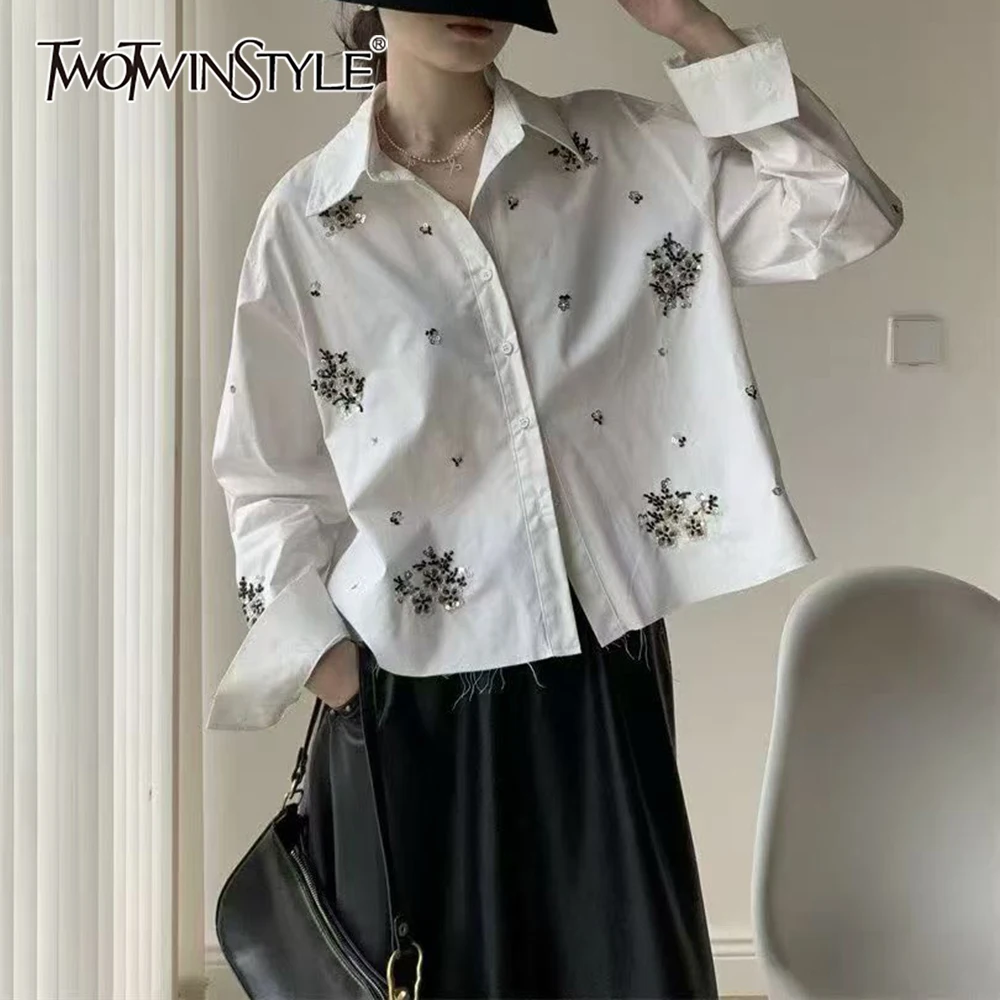 

TWOTWINSTYLE Solid Spliced Diamonds Shirt Female Lapel Long Sleeve Loose Literary Chic Women's Shirts Autumn Fashion New Clothes