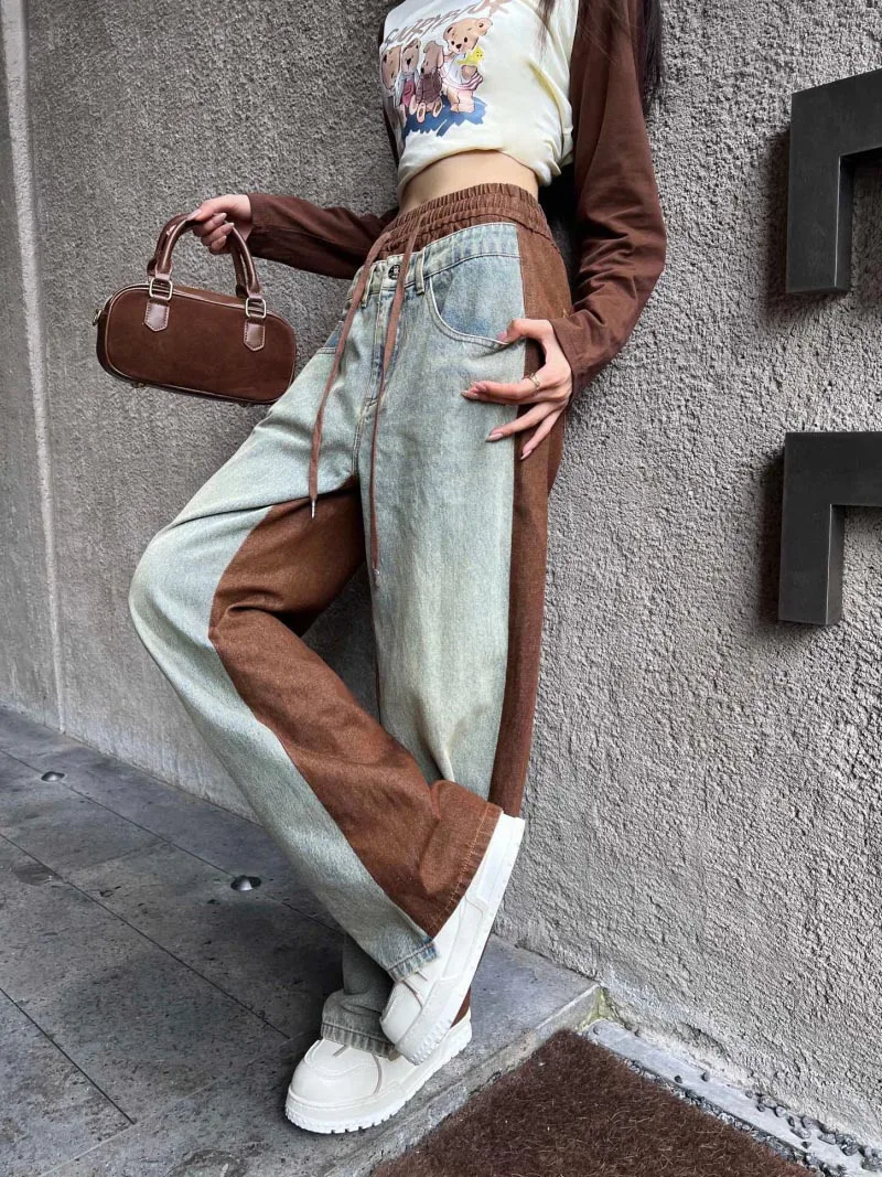 2024 Autumn New Women's Pants Fashionable, Exquisite, Versatile, Casual Style Cowboy Splicing, Made of Old Straight Leg Pants