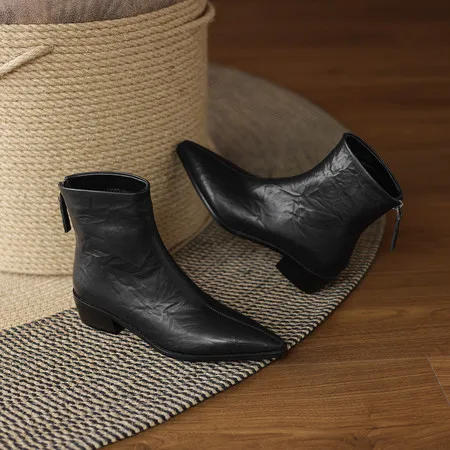

Women’s Genuine Leather Pointed Toe Ankle Boots Chunky Heel Vintage Fashion Boots Back Zipper Versatile Shoes