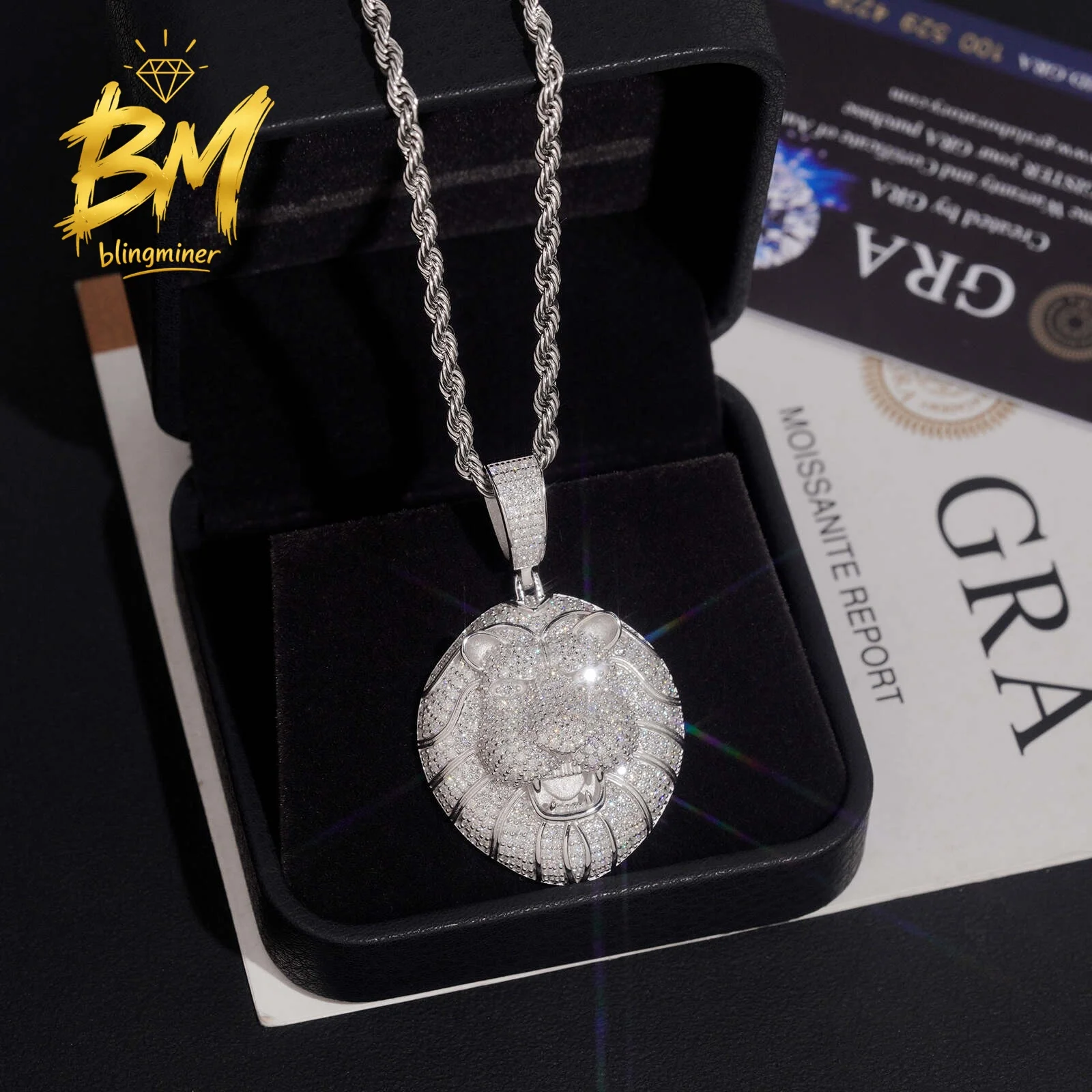 Blingminer Iced Out Hip Hop Lion Head VS Moissanite Pendant For Men S925 Silver Pendants Jewelry Pass Diamonds Tester GRA
