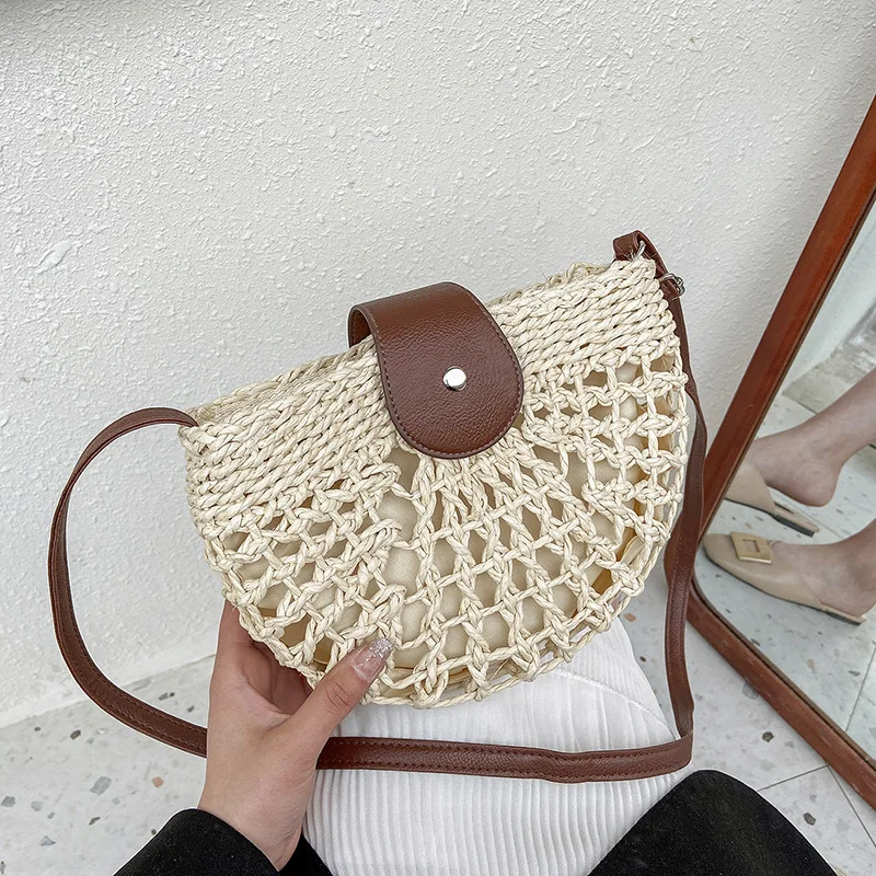 Yogodlns Sommer Stroh Tasche Für Frauen Mode Halbkreis Umhängetaschen Rattan Handgemachte Messenger Handtasche Reise Strand Taschen Tote – Detail 21