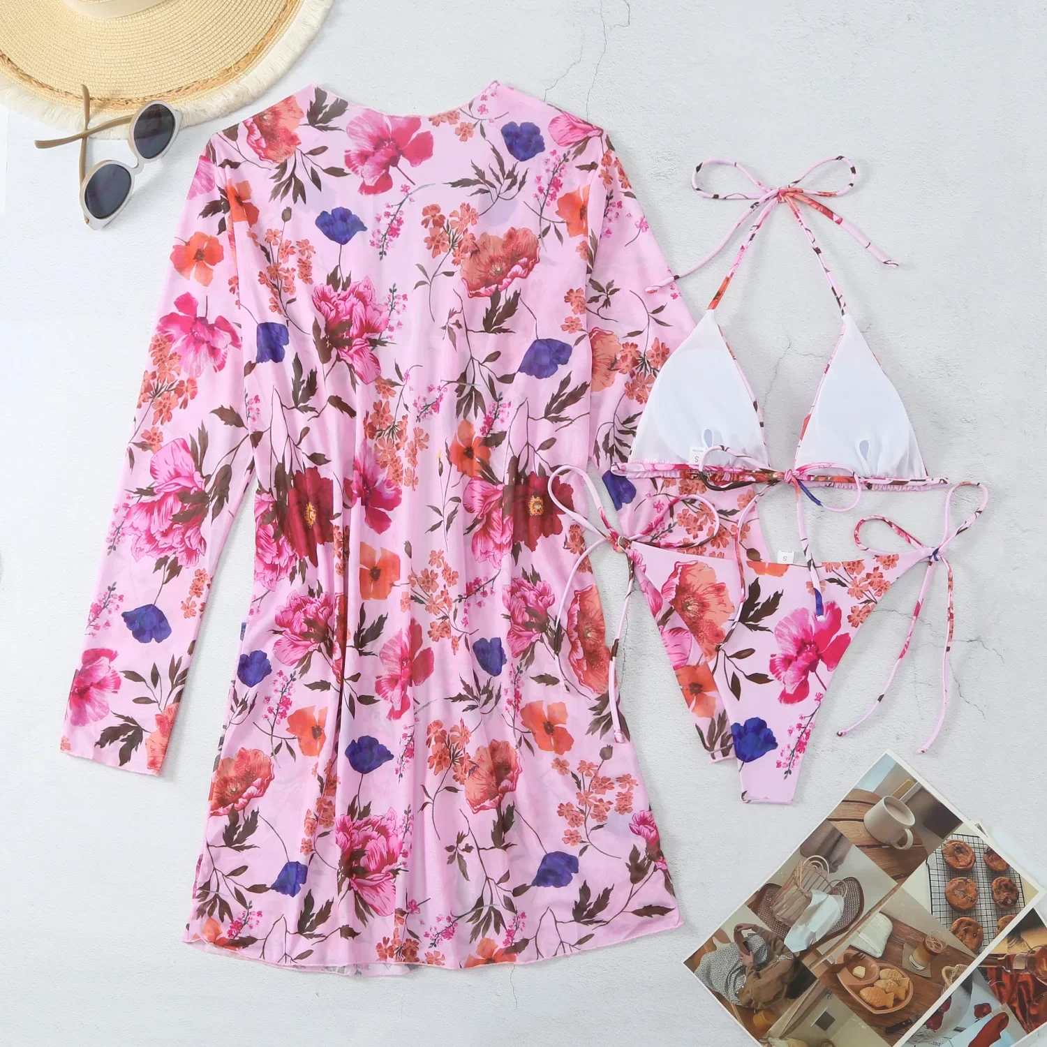 Women Bathing Suit 3 Piece Swimsuit with Kimono String Bikini Sets Long Sleeve Beach Cover Up Swimwear Print Pool Swimming Suit