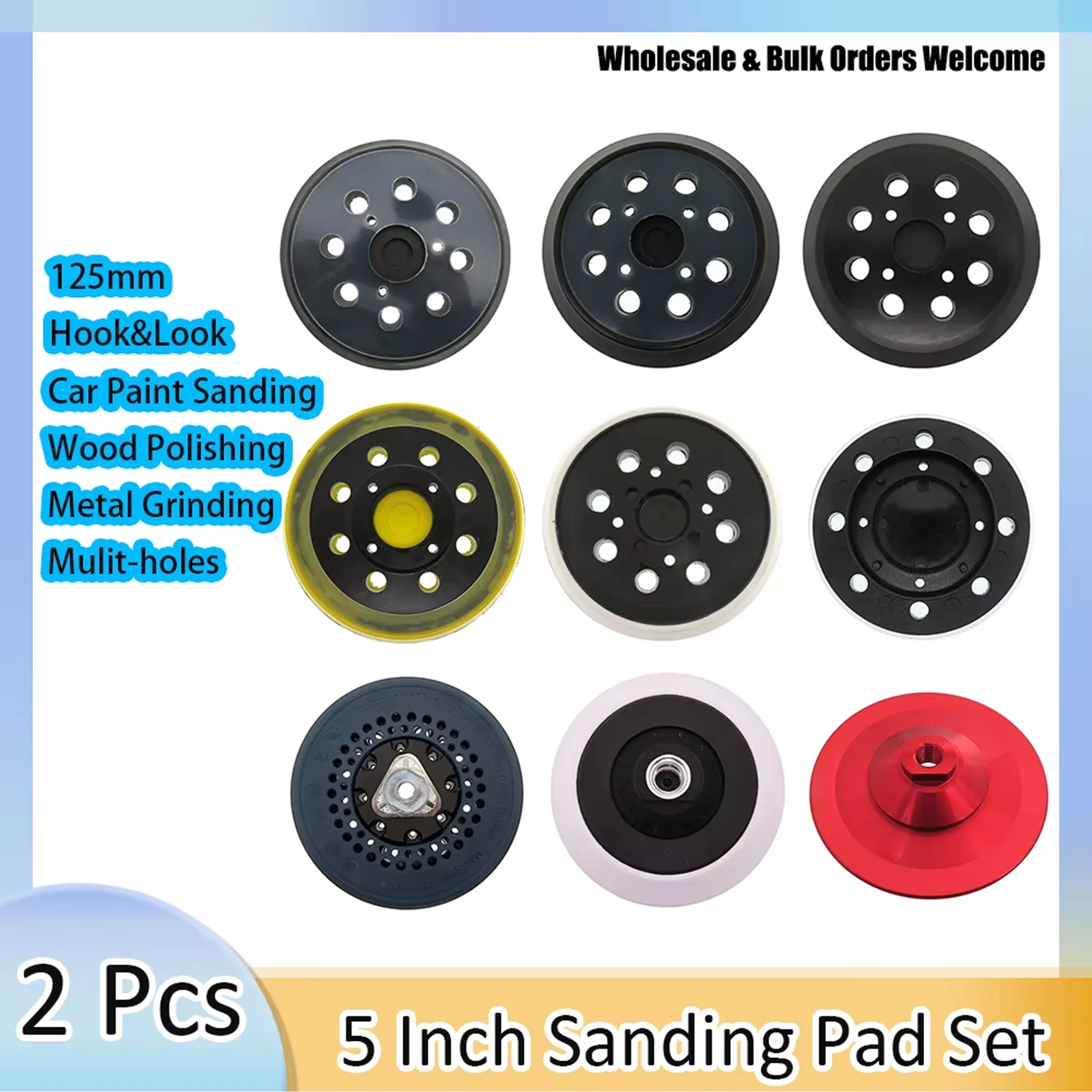 2Pcs 5 Inch Sanding Pad Backing Plate Multi Hole Hook&Loop  for Auto Body Paint Sanding Wood Grinding Orbital Polisher Parts