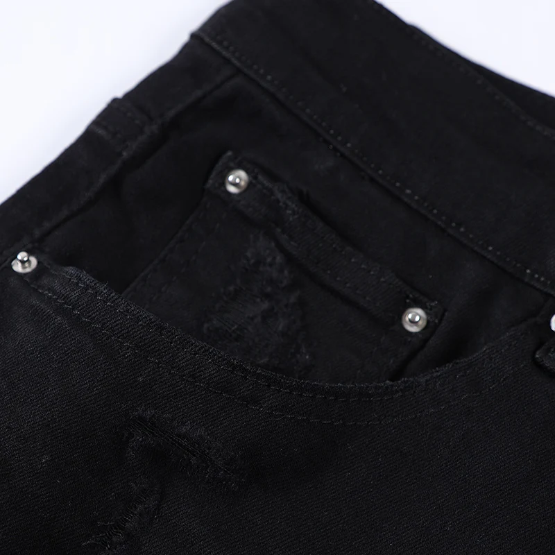 Pantalones vaqueros ajustados elásticos para hombre, jeans negros lavados, pantalones de marca de hip-hop de diseñador de high street, parche blanco, moda, nuevo