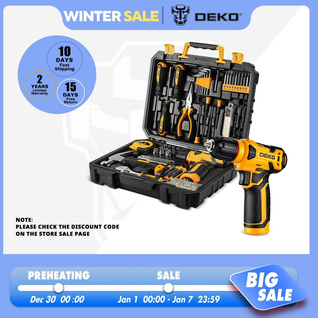 DEKO 126Pcs Power Tool Combo Kits with 8V Cordless Drill,10MM 3/8'' Keyless Chuck,Professional Home Household DIY Hand Tool Kits