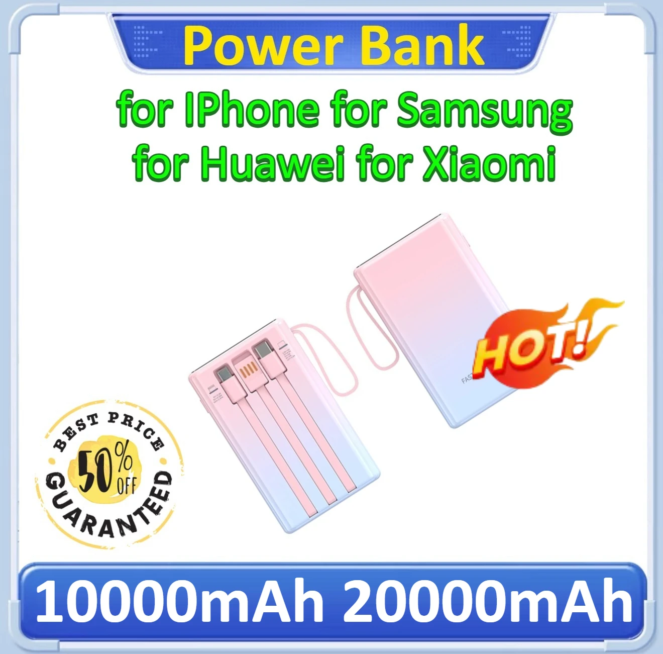 

22.5W Fast Charging Power Bank Portable Charger With Cable Mobile Powerbank For iPhone For Huawei For Samsung 10000mAh 20000mAh