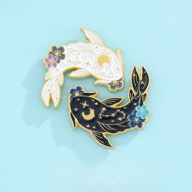 Celestial Koi Fish Enamel Pin Set, Yin Yang Style Black & White Koi Brooches, Floral Moon Star MetalBadges with GoldTrim,Jackets view 6