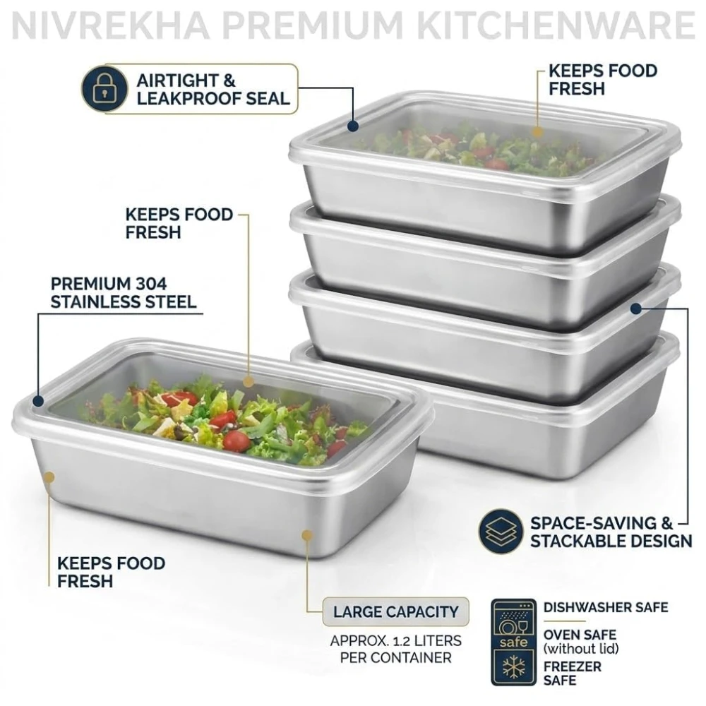 Multipurpose Flip Top Rectangular Kitchen Organizers Reusable Stainless Steel Food Containers Set Leakproof for Fridge & Pantry