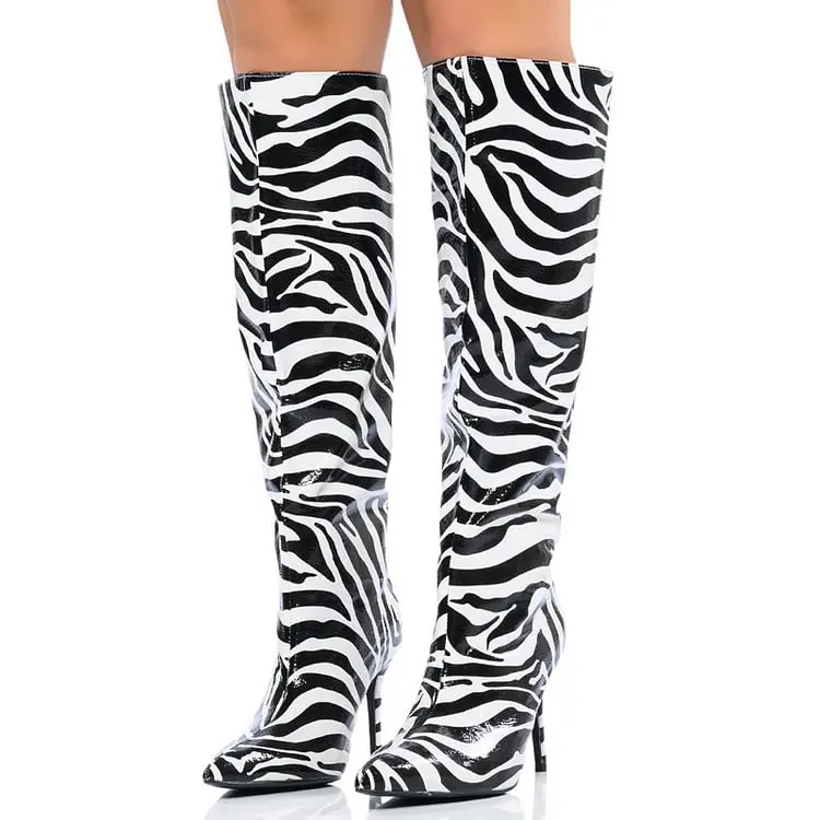 Black & White Stiletto Heel Zebra Boots Elegant Pointy Toe Knee High Boots Slim Leather Dress Party Casual Shoes