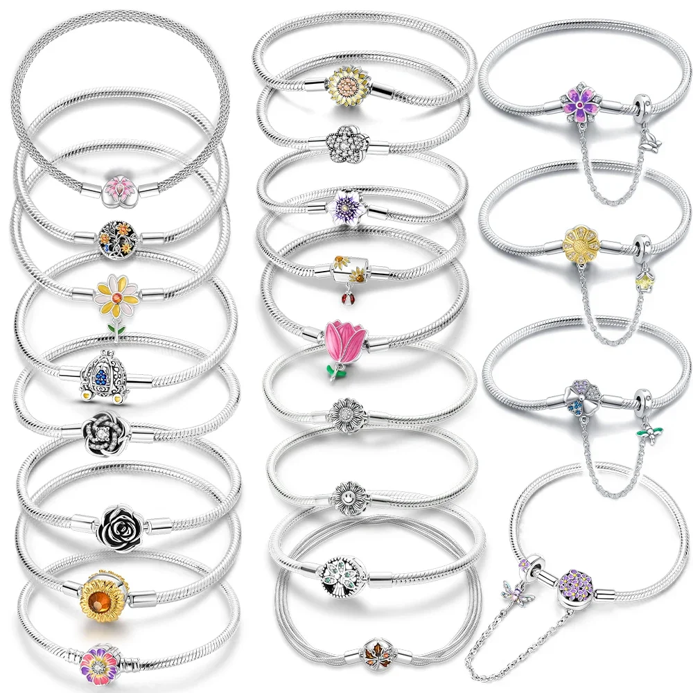 Tulip Purple Flower Sunflower Plant Bead Bracelet Clasp Chain 925 Silver Original Bracelet Women Jewelry Friend Graduation Gift