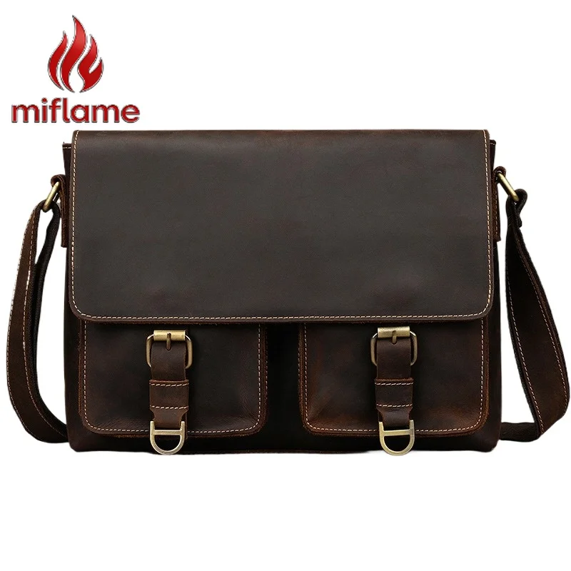 

Men's Business Messenger Bag Vintage Crazy Horse Leather Crossbody Shoulder Flap large Capacity Fits A4 Documents