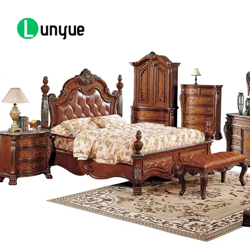 American Solid Wood Bed Engraved Design Detachable Luxury Master Bedroom Wedding Furniture Sturdy Durable Elegant Home Decor