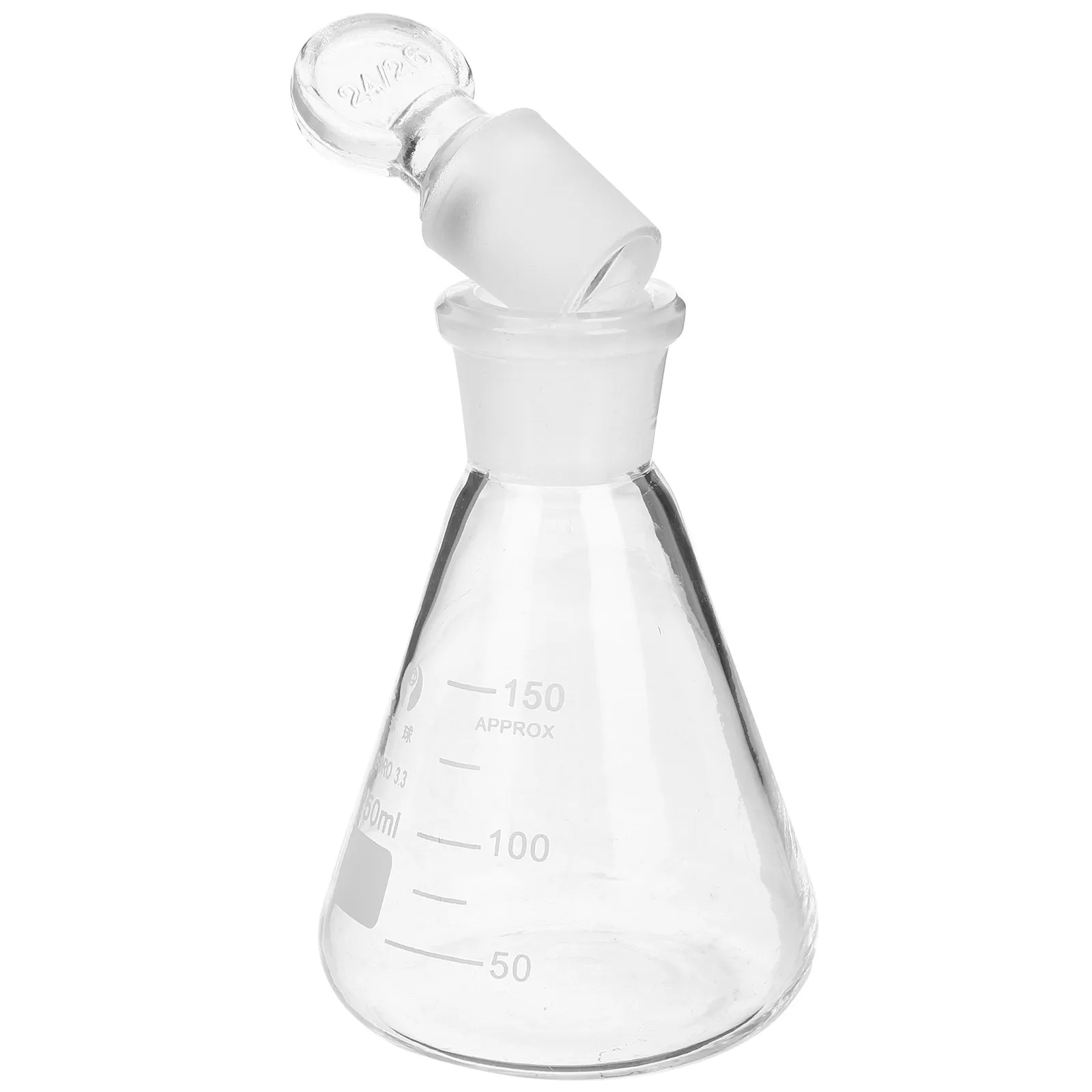 Frasco de vidrio para química, frasco cónico Erlenmeyer con tapón, diseño profesional, resistente a salpicaduras, marcas claras para laboratorio estudiantil