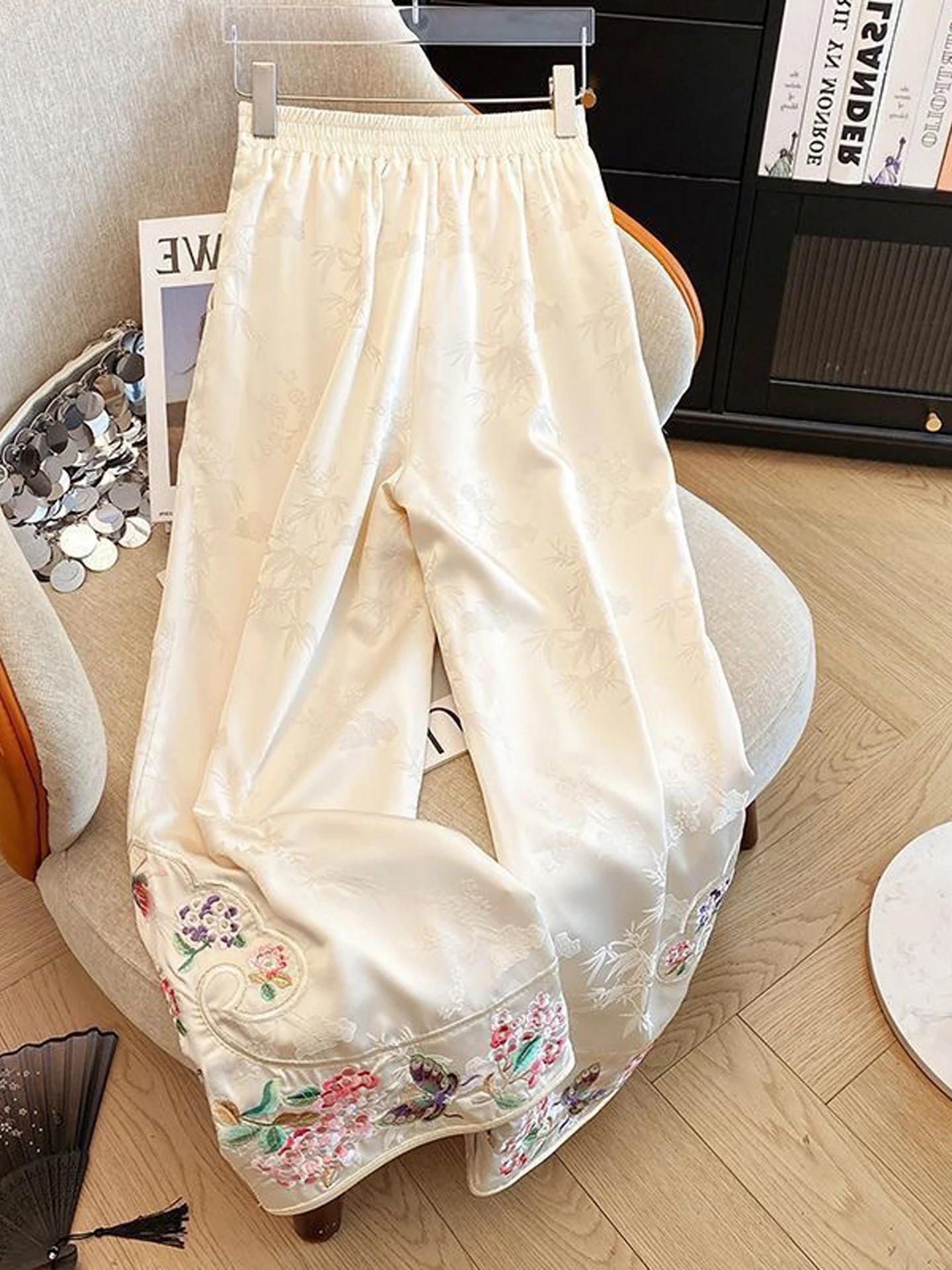 Retro Embroidered Floral Loose Wide Leg Pants Women's Casual Trousers High Waist Elastic Comfortable Autumn Fashionable