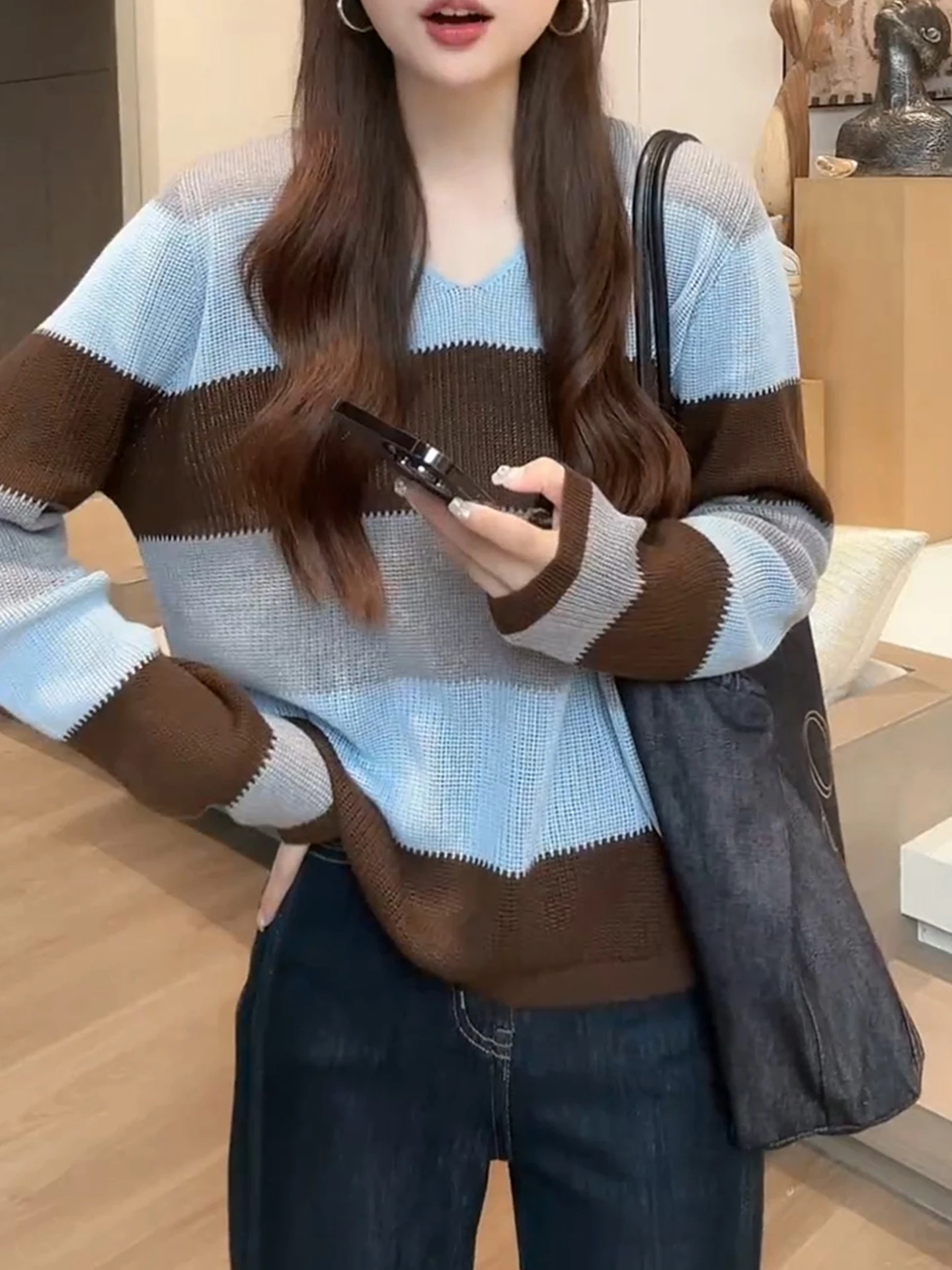 بلوفر صيفي فضفاض بأكمام طويلة بنمط كوري مريح ومخطط، مناسب للارتداء اليومي، أنيق وواسع